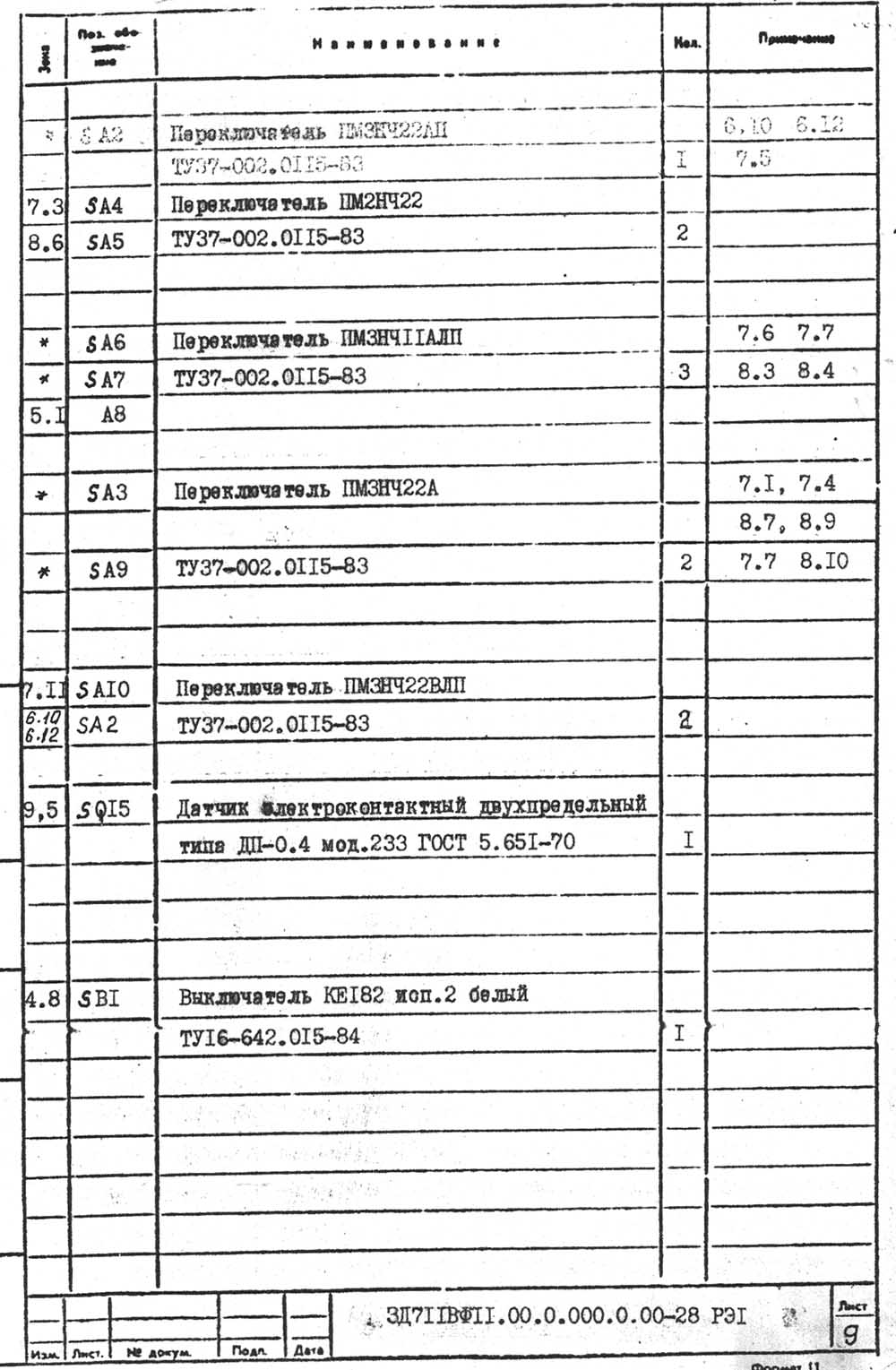 Перелік елементів до електричної схеми плоскошліфувального верстата 3Д711ВФ11